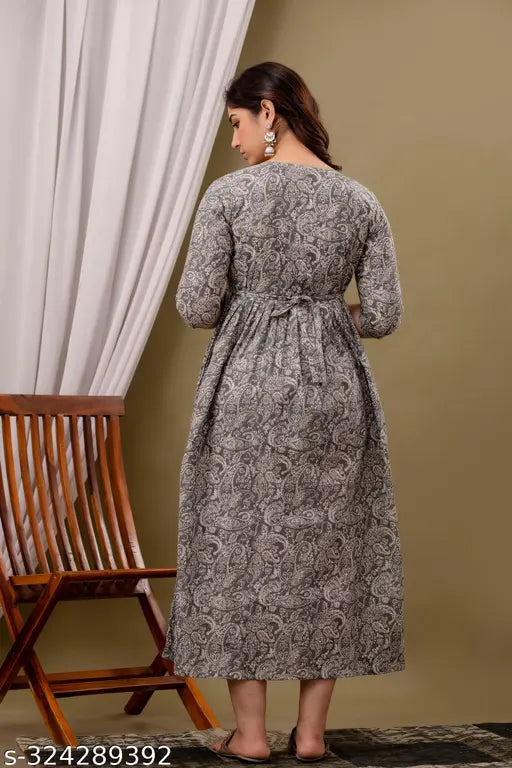 Cotton carry printed maternity anarkali feeding kurti, flare and regular calf length gown - India-made, easy machine wash, loose & tight feature, suitable for pre/post pregnancy, casual and party wear