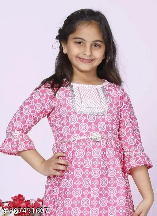 Pure cotton baby girls' Sanganeri printed kurti dhoti set, anarkali style with three-quarter sleeves, India origin