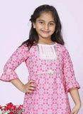 Pure cotton baby girls' Sanganeri printed kurti dhoti set, anarkali style with three-quarter sleeves, India origin