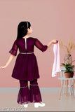 Maroon chiffon anarkali sharara set for girls, featuring three-quarter sleeves and embellishments. Comfortable and stylish for summer parties