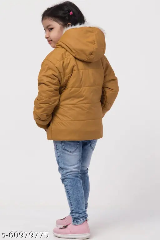 Brown wool quilted regular fit jacket for girls, comfortable and stylish children's outerwear, solid pattern, made by Mehak Fashion