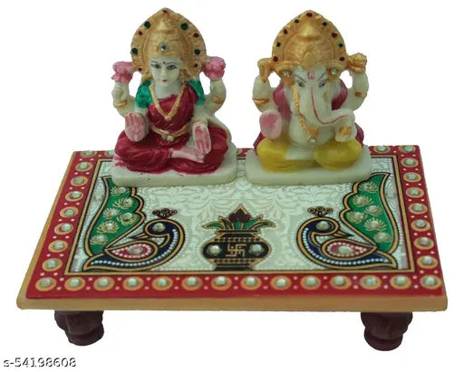 Handmade marble Chowki with Laxmi Ganesh statues, perfect for puja or gift (15cm x 10cm x 5cm)