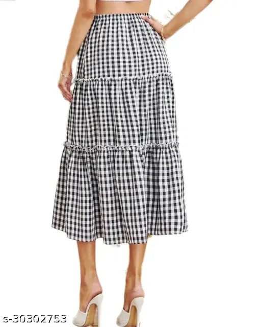 Black and white plaid cotton-linen Women's midi skirt with elastic waist, tiered pleats, and frill layers - ideal for summer outfits