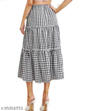 Black and white plaid cotton-linen Women's midi skirt with elastic waist, tiered pleats, and frill layers - ideal for summer outfits