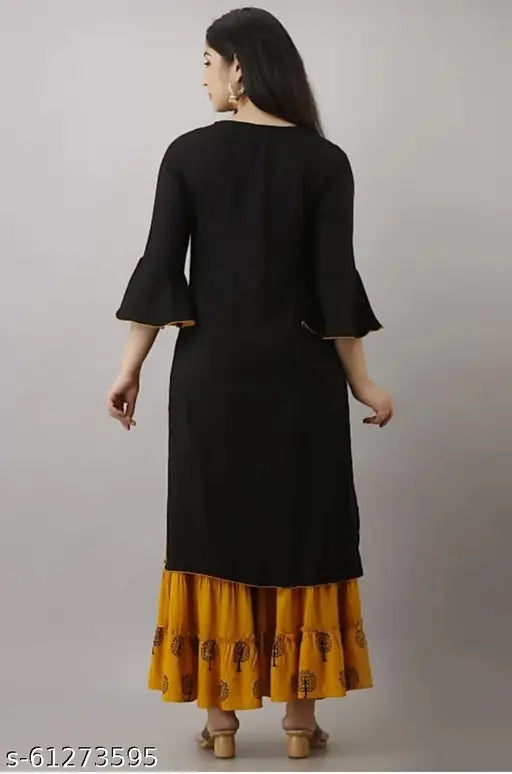 Rayon Kurta-Sharara set with embroidered net three-quarter sleeves, Indian traditional attire for women in L size (Bust: 40in, Kurta Length: 40in, Bottom Waist: 30in, Bottom Length: 38in)