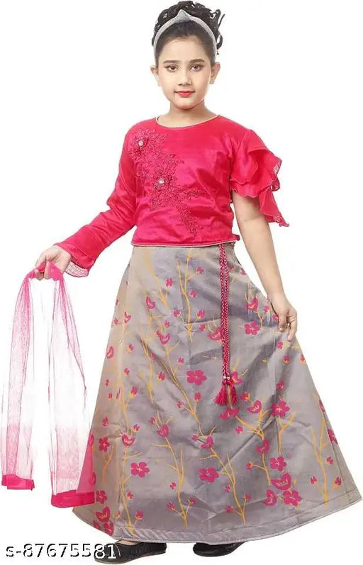 Red art silk lehenga choli with floral embroidery and net sleeves, suitable for girls aged 2-11 years old, handcrafted in India