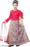 Red art silk lehenga choli with floral embroidery and net sleeves, suitable for girls aged 2-11 years old, handcrafted in India