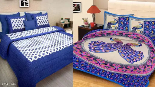 Cotton 2 Jaipuri double bed sheets with 4 pillow covers, 144 thread count, queen size, Made in India on display