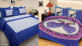 Cotton 2 Jaipuri double bed sheets with 4 pillow covers, 144 thread count, queen size, Made in India on display