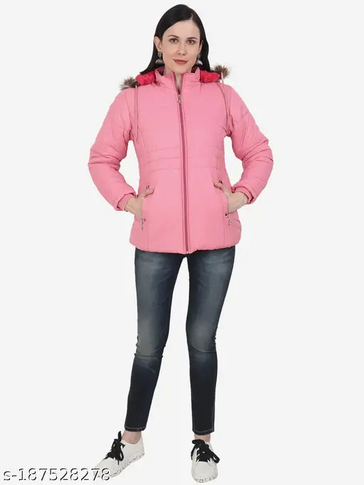 Solid pink nylon jacket with long sleeves and detachable hood, perfect for winter seasons and outdoor activities. Made in India