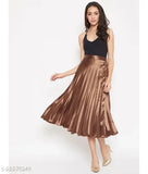 Brown pleated satin skirt, solid net pattern, elastic waistband, feminine charm, uber chic, India-made
