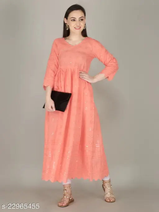 Cotton three-quarter sleeve chikankari long kurti for women, vibrant Indian traditional outfit