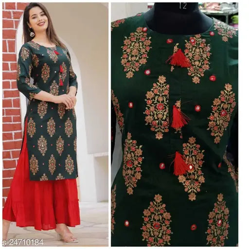 Rayon slub printed net kurta set with sharara bottomwear for women, three-quarter sleeves, Myra fashionable, made in India