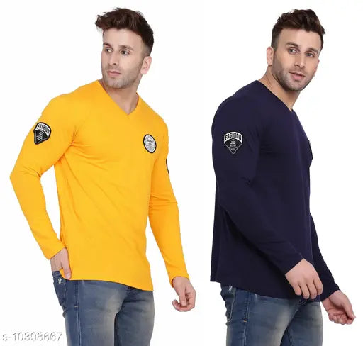 Multicolor cotton blend v-neck long sleeve t-shirt, two per pack, vibrant and versatile fashion essential