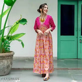 Trendy pink rayon Anarkali kurti, floral printed party wear gown with three-quarter sleeves. Perfect for women's ethnic wear." (118 characters)