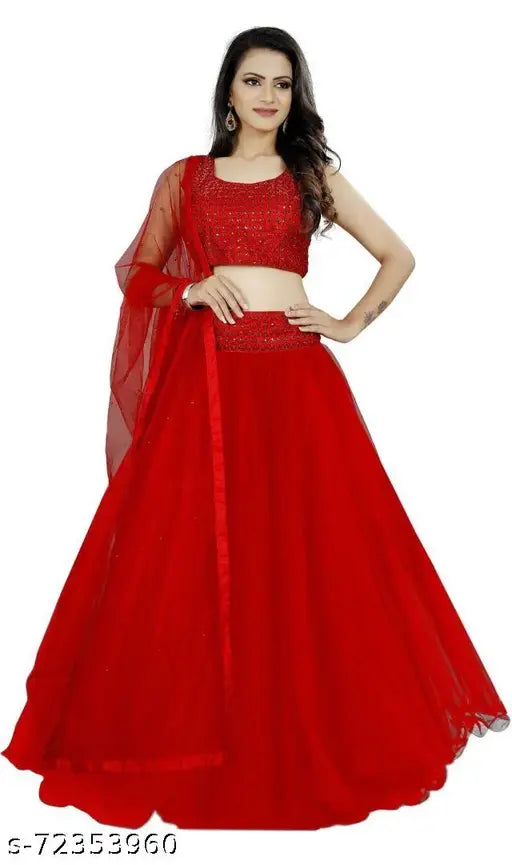 Red sequined semi-stitched Lehenga Choli on mannequin, satin bottomwear and net dupatta, embellished Indian bridal wear accessorized with jewelry