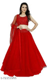 Red sequined semi-stitched Lehenga Choli on mannequin, satin bottomwear and net dupatta, embellished Indian bridal wear accessorized with jewelry