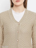 Woolen beige self-design cardigan sweater, long sleeves, on mannequin