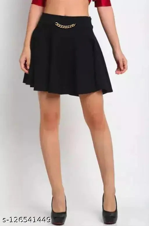Black polyester flared mini skirt, elastic waistband, slip-on closure, black solid style - Western Stylish skater skirt for versatile wear