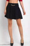 Black polyester flared mini skirt, elastic waistband, slip-on closure, black solid style - Western Stylish skater skirt for versatile wear