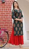 Printed rayon straight kurti with sharara, three-quarter sleeves, Indian women's fashion accessory