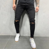 Black distressed slimfit stretchable denim jeans for men - high-quality, affordable, durable, and versatile black jeans with comfortable fit. Sizes: 26 (waist 26in, length 40in), 28 (waist 28in, length 40in), 30 (waist 30in, length 40in), 32 (waist 32in, length 40in). Made in India