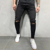 Black distressed slimfit stretchable denim jeans for men - high-quality, affordable, durable, and versatile black jeans with comfortable fit. Sizes: 26 (waist 26in, length 40in), 28 (waist 28in, length 40in), 30 (waist 30in, length 40in), 32 (waist 32in, length 40in). Made in India