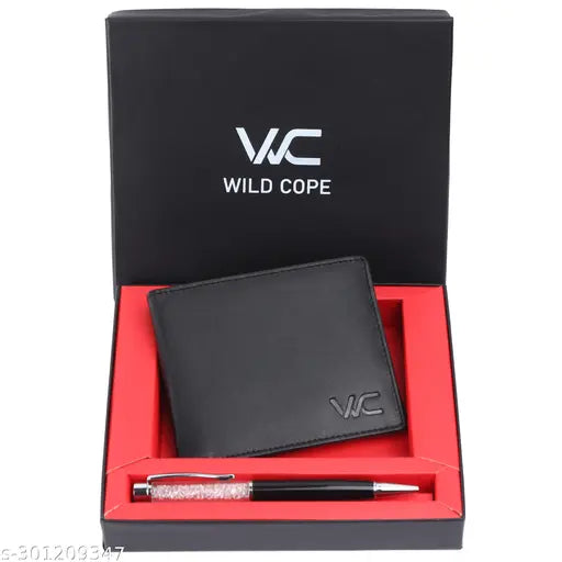 Black leather men's wallet & pen combo, RFID protected, high-quality genuine leather, 2 compartments, solid pattern from Wildcope India