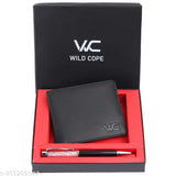 Black leather men's wallet & pen combo, RFID protected, high-quality genuine leather, 2 compartments, solid pattern from Wildcope India