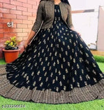 Black rayon Anarkali kurti, sleeveless, printed combo for women (S: bust 36in, length 48in)