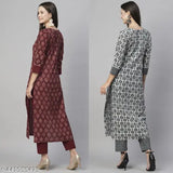 Women's floral printed Georgette kurta & pant set (2pc), three-quarter sleeves, Indian cotton slub print on display