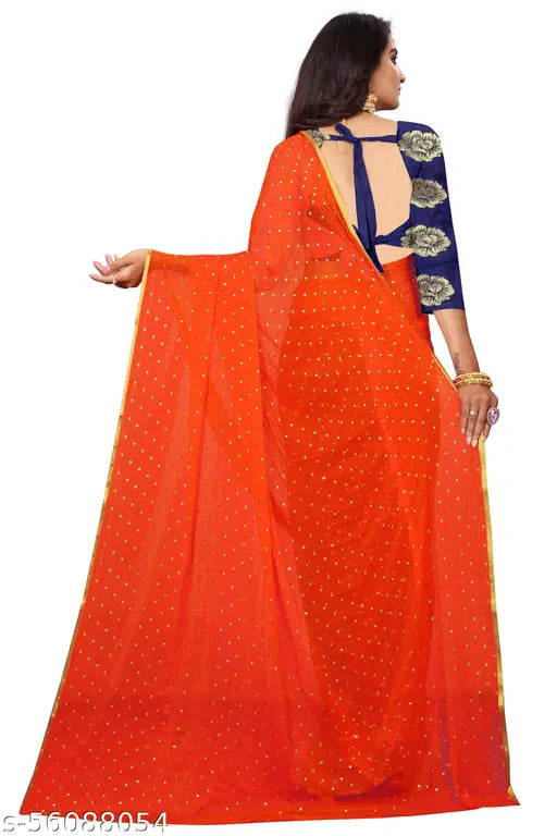 Embellished chiffon saree with jacquard blouse piece, free size for casual outings and special events. Hand wash or machine wash separately in cold water