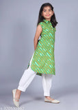 White cotton Misbis girls' Tiranga print kurta & pyjama set, sleeveless & spread collar, best for parties, suitable for all occasions