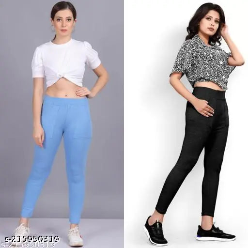 Trendy cotton blend solid-colored pocket jeggings pack of 2 for women, comfortable and stylish fashion essentials