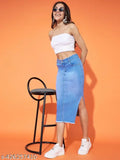 Denim washed long side slit stretchable cotton blend skirt, solid net, available in sizes 24, 26, 28, 30, 32, 34, made in India