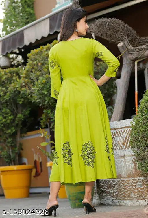 Hand block black & gold printed anarkali kurti, rayon three-quarter sleeves, Indian handcrafted fashion