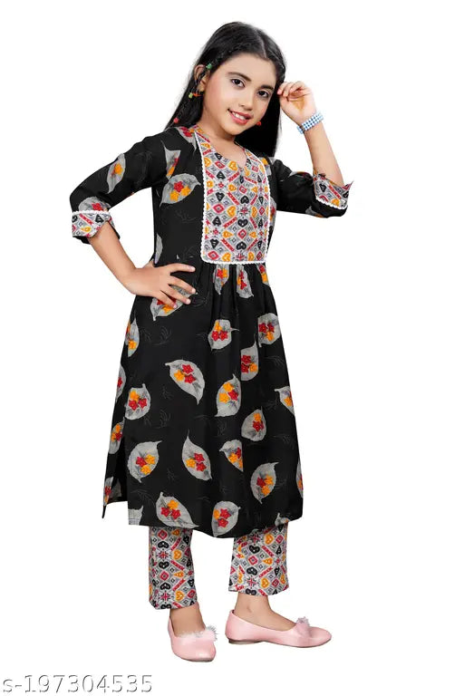 Rayon print kurta set for girls, straight top with three-quarter sleeves and trousers bottom, available in sizes from 4-5 years to 13-14 years. Indian clothing design for children