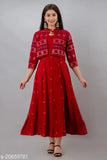 Red printed Anarkali kurta with detachable jacket and sleeveless rayon design, Indian women's fashion piece on mannequin