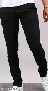 Black denim men's solid-pattern jeans, size options: 28, 30, 32. Made in India