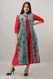 Red & Sky Blue Pure Cotton A-Line Kurta Set, Kalamkari Print, Round Neck, 3/4 Sleeve, Indian Ethnic Wear