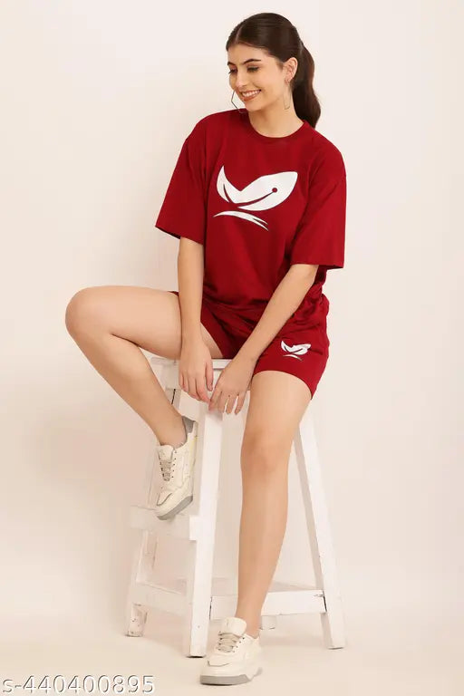 Maroon printed cotton nightsuit set (top & shorts), comfortable lounge wear for women, high-quality 180 GSM fabric, Indian origin