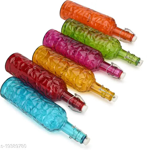 Multicolor airtight glass water bottles (1000ml each), pack of 6 for storage. BIS/ISI certified, perfect for meal prep or travel