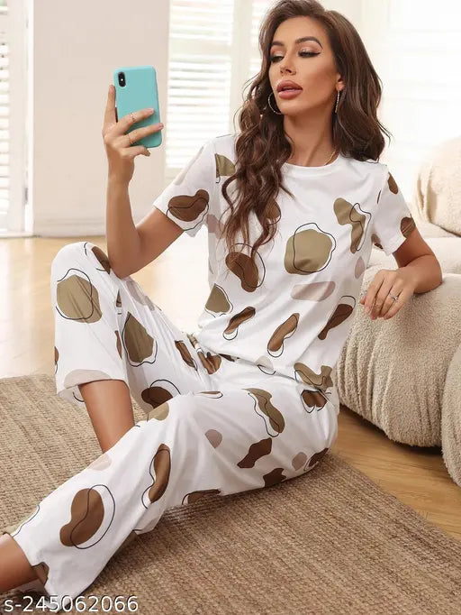 Graphic print cotton lycra women's night suit set, soft and trendy sleepwear with machine wash care