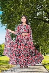 White printed net rayon dress, three-quarter sleeves for girl's party wear (9-10 years)