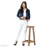 Denim women's jacket, long sleeves, dyed/washed pattern, size S-XL, fashionable and stylish on mannequin