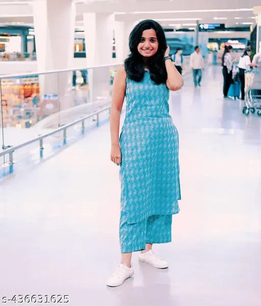 Cotton kurta and printed net palazzos set, sleeveless and high-quality cotton fabric for Indian fashion