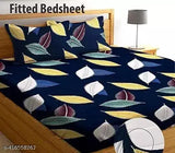Navy Blue 100% Cotton Fitted Queen Size Bed Sheet with 2 Pillow Covers, Botanical Print