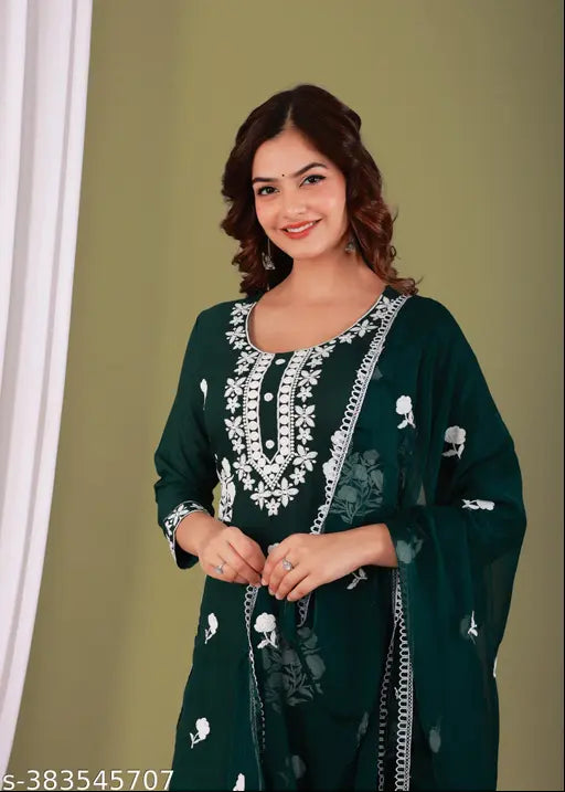 Rayon Chikankari embroidered kurti pant set with dupatta, three-quarter sleeves, India origin