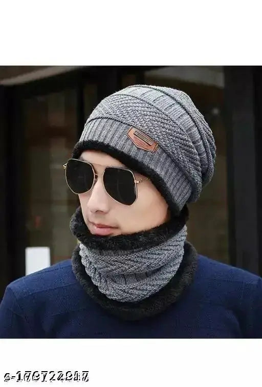 Grey and black unisex woolen winter knit beanies and scarves with faux fur lining, perfect for men, women, girls, and boys, made in India