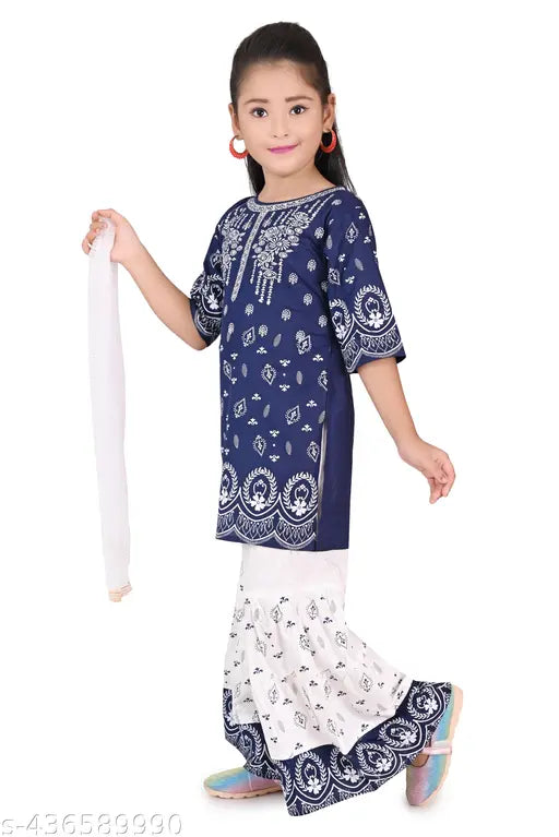 Ethnic Rose Printed Rayon Kurta Sharara Set with Dupatta for Girls, featuring anarkali top and palazzos bottom. Comfortable and rich fabric suitable for casual wear at home or office. Available in various sizes from 0-3 Months to 13-14 Years. Made in India